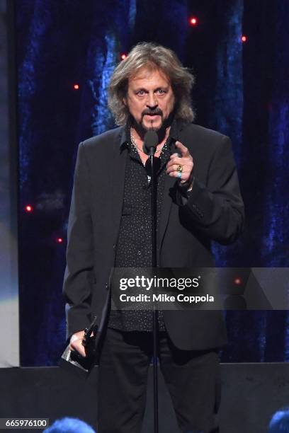 Inductee Gregg Rolie of Journey speaks onstage at the 32nd Annual Rock & Roll Hall Of Fame Induction Ceremony at Barclays Center on April 7, 2017 in...