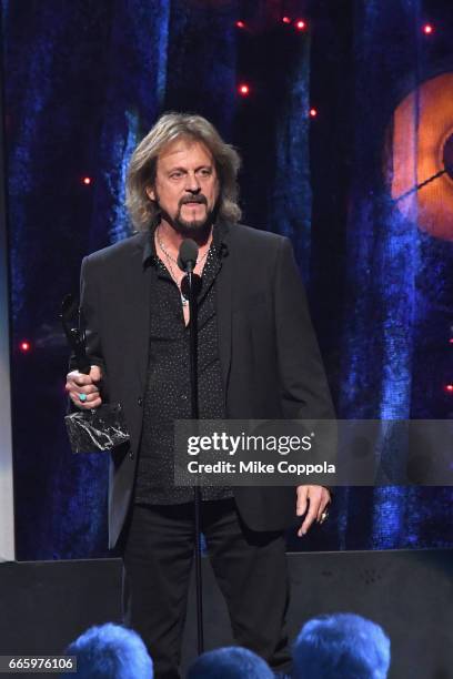 Inductee Gregg Rolie of Journey speaks onstage at the 32nd Annual Rock & Roll Hall Of Fame Induction Ceremony at Barclays Center on April 7, 2017 in...