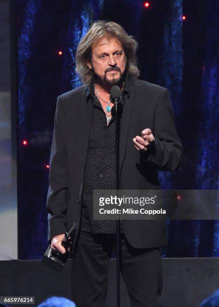 Inductee Gregg Rolie of Journey speaks onstage at the 32nd Annual Rock & Roll Hall Of Fame Induction Ceremony at Barclays Center on April 7, 2017 in...