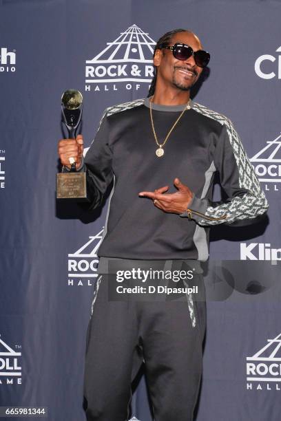 Recording artist Snoop Dogg attends the Press Room of the 32nd Annual Rock & Roll Hall Of Fame Induction Ceremony at Barclays Center on April 7, 2017...