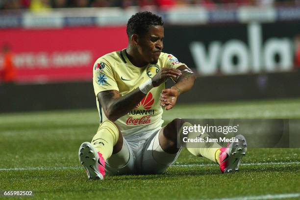 Michael Arroyo of America reacts during the 13th round match between Tijuana and America as part of the Torneo Clausura 2017 Liga MX at Caliente...