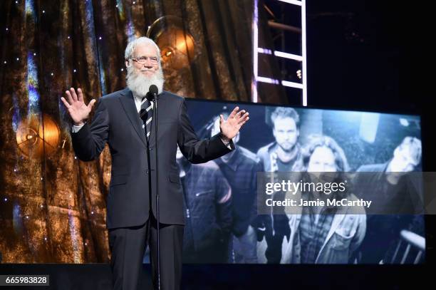 Presenter David Letterman speaks onstage at the 32nd Annual Rock & Roll Hall Of Fame Induction Ceremony at Barclays Center on April 7, 2017 in New...