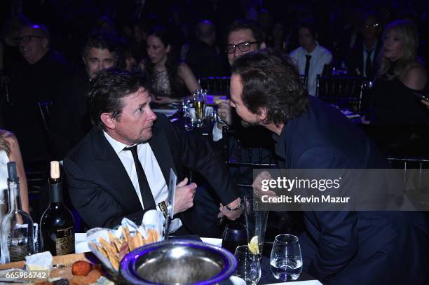 Michael J. Fox and Eddie Vedder attend 32nd Annual Rock & Roll Hall Of Fame Induction Ceremony at Barclays Center on April 7, 2017 in New York City....