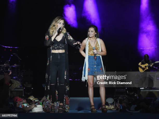 Madison Marlow and Taylor Dye of Maddie & Tae performd Day 2 - Country Thunder Music Festival Arizona on April 7, 2017 in Florence, Arizona.