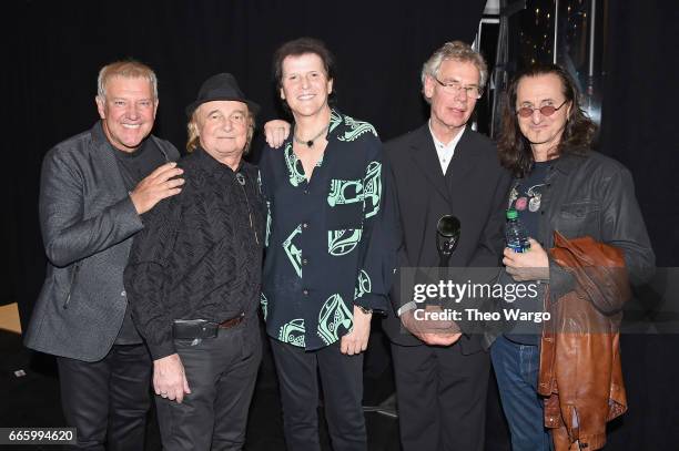 Inductees Alex Lifeson, Alan White, Trevor Rabin, Bill Bruford and Geddy Lee attend the Press Room of the 32nd Annual Rock & Roll Hall Of Fame...