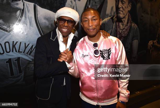 Nile Rodgers and Pharrell Williams attend 32nd Annual Rock & Roll Hall Of Fame Induction Ceremony at Barclays Center on April 7, 2017 in New York...