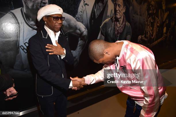 Nile Rodgers and Pharrell Williams attend 32nd Annual Rock & Roll Hall Of Fame Induction Ceremony at Barclays Center on April 7, 2017 in New York...