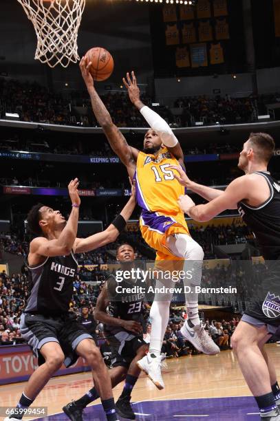 Thomas Robinson of the Los Angeles Lakers goes up for a lay up during a game against the Sacramento Kings on April 7, 2017 at STAPLES Center in Los...