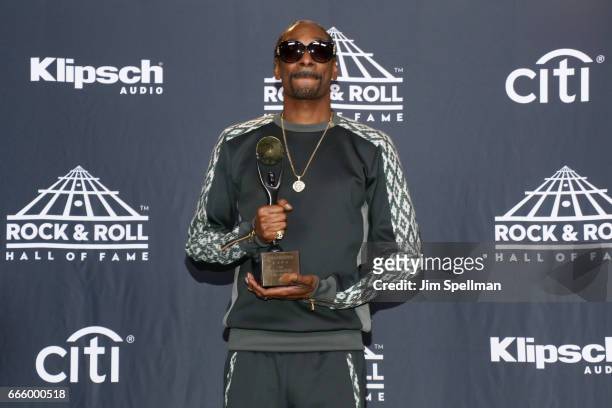 Musician Snoop Dogg attends the Press Room of the 32nd Annual Rock & Roll Hall Of Fame Induction Ceremony at Barclays Center on April 7, 2017 in New...