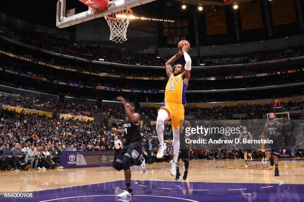 Thomas Robinson of the Los Angeles Lakers goes up for a dunk during a game against the Sacramento Kings on April 7, 2017 at STAPLES Center in Los...