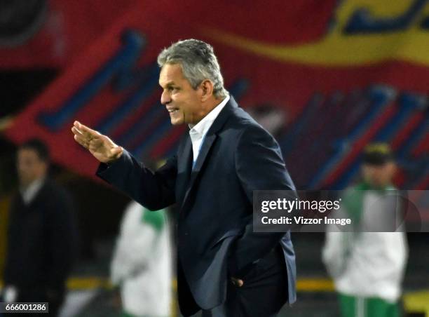 Reinaldo Rueda coach of Atletico Nacional gives instruction to the players during the match between Millonarios and Atletico Nacional as part of the...