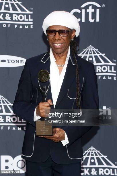 Inductee Nile Rodgers attends the Press Room of the 32nd Annual Rock & Roll Hall Of Fame Induction Ceremony at Barclays Center on April 7, 2017 in...