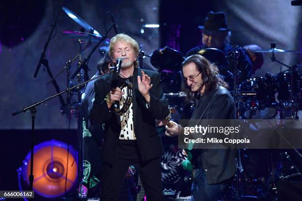 Inductee Jon Anderson of Yes and 2013 Geddy Lee of Rush perform onstage at the 32nd Annual Rock & Roll Hall Of Fame Induction Ceremony at Barclays...