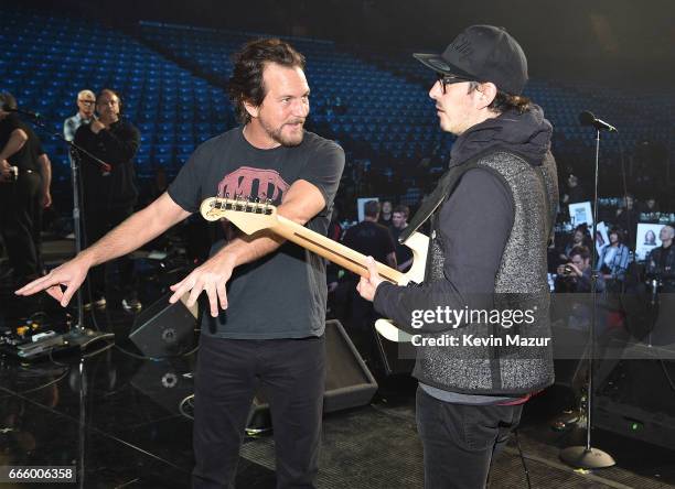 Eddie Vedder and Dhani Harrison attend 32nd Annual Rock & Roll Hall Of Fame Induction Ceremony at Barclays Center on April 7, 2017 in New York City....