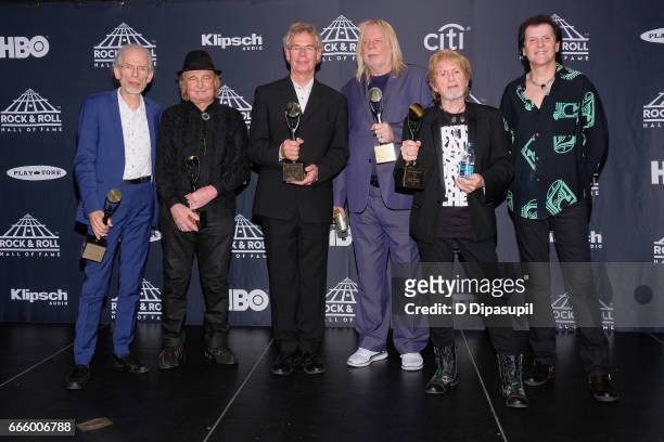 Inductees Steve Howe, Alan White, Bill Bruford, Rick Wakeman, Jon Anderson, and Travor Rabin attend the Press Room of the 32nd Annual Rock & Roll...