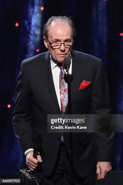 Inductee Aynsley Dunbar of Journey speaks onstage at the 32nd Annual Rock & Roll Hall Of Fame Induction Ceremony at Barclays Center on April 7, 2017...