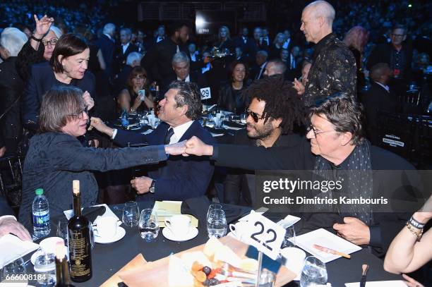 Jackson Browne, Jann Wenner, Lenny Kravitz and Robbie Robertson attend the 32nd Annual Rock & Roll Hall Of Fame Induction Ceremony at Barclays Center...