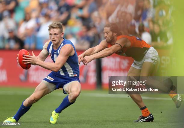 Jack Ziebell of the Kangaroos controls the ball during the round three AFL match between the North Melbourne Kangaroos and the Greater Western Sydney...