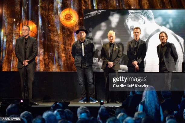 Inductees Eddie Vedder, Stone Gossard, Jeff Ament, Matt Cameron and Mike McCready of Pearl Jam speak onstage at the 32nd Annual Rock & Roll Hall Of...