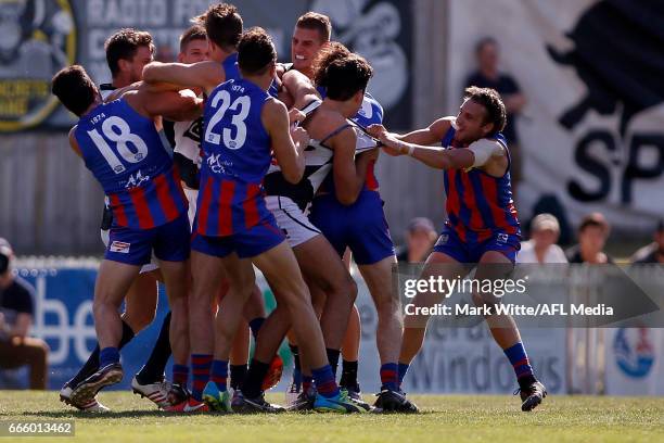 The two teams fight during the round one VFL match between Port Melbourne and Northern Blues at North Port Oval on April 8, 2017 in Melbourne,...