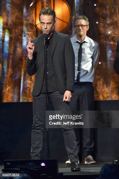 Inductee Matt Cameron of Pearl Jam speaks onstage at the 32nd Annual Rock & Roll Hall Of Fame Induction Ceremony at Barclays Center on April 7, 2017...
