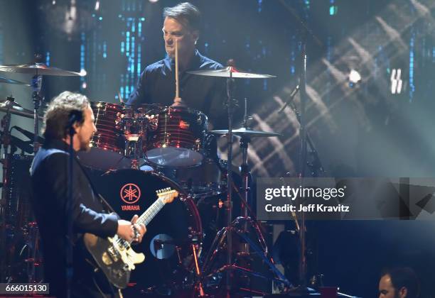 Inductees Eddie Vedder and Matt Cameron of Pearl Jam perform onstage at the 32nd Annual Rock & Roll Hall Of Fame Induction Ceremony at Barclays...