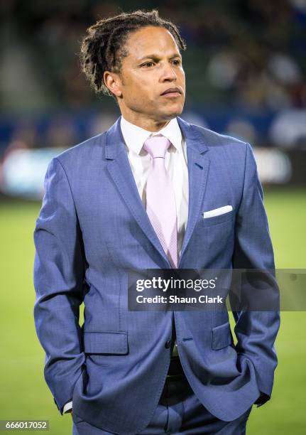 Cobi Jones at halftime during Los Angeles Galaxy's MLS match against Montreal Impact at the StubHub Center on April 7, 2017 in Carson, California....