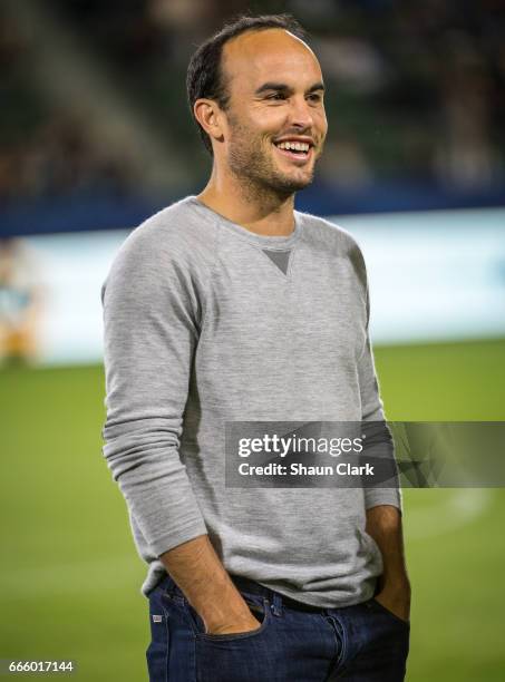 Landon Donovan at halftime during Los Angeles Galaxy's MLS match against Montreal Impact at the StubHub Center on April 7, 2017 in Carson,...