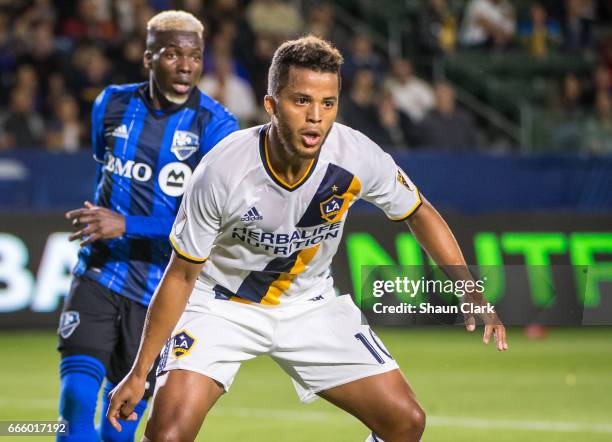 Giovani dos Santos of Los Angeles Galaxy during Los Angeles Galaxy's MLS match against Montreal Impact at the StubHub Center on April 7, 2017 in...