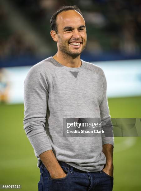 Landon Donovan at halftime during Los Angeles Galaxy's MLS match against Montreal Impact at the StubHub Center on April 7, 2017 in Carson,...