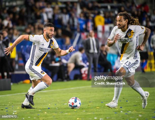 Romain Alessandrini of Los Angeles Galaxy charges toward goal during Los Angeles Galaxy's MLS match against Montreal Impact at the StubHub Center on...