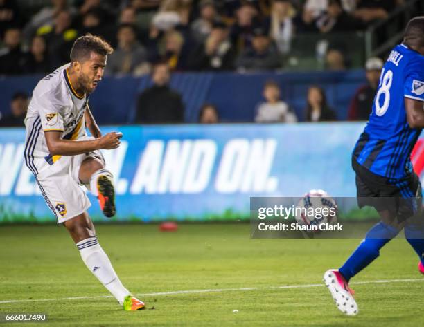 Giovani dos Santos of Los Angeles Galaxy takes a shot during Los Angeles Galaxy's MLS match against Montreal Impact at the StubHub Center on April 7,...