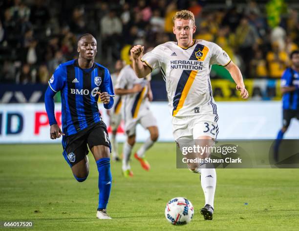 Jack McBean of Los Angeles Galaxy during Los Angeles Galaxy's MLS match against Montreal Impact at the StubHub Center on April 7, 2017 in Carson,...