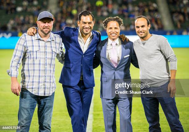 Clint Mathis, Carlos Ruiz, Cobi Jones and Landon Donovan during halftime at the Los Angeles Galaxy's MLS match against Montreal Impact at the StubHub...