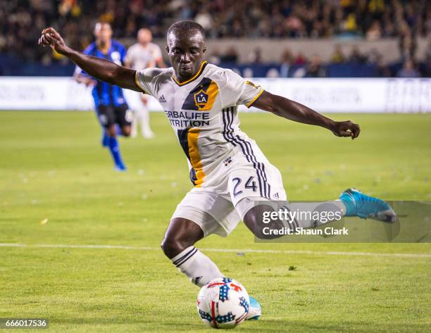 Ema Boateng of Los Angeles Galaxy during Los Angeles Galaxy's MLS match against Montreal Impact at the StubHub Center on April 7, 2017 in Carson,...