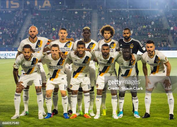 The Los Angeles Galaxy starting lineup for the Los Angeles Galaxy's MLS match against Montreal Impact at the StubHub Center on April 7, 2017 in...