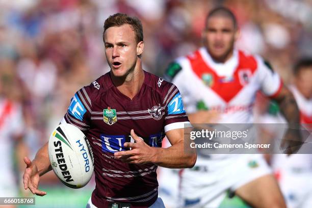 Daly Cherry-Evans of the Sea Eagles passes during the round six NRL match between the Manly Sea Eagles and the St George Illawarra Dragons at...