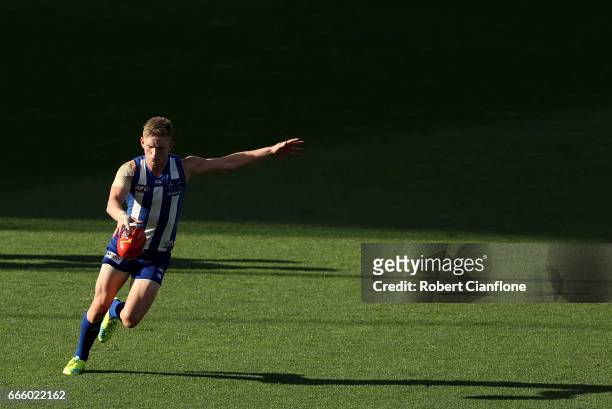 Jack Ziebell of the Kangaroos controls the ball during the round three AFL match between the North Melbourne Kangaroos and the Greater Western Sydney...