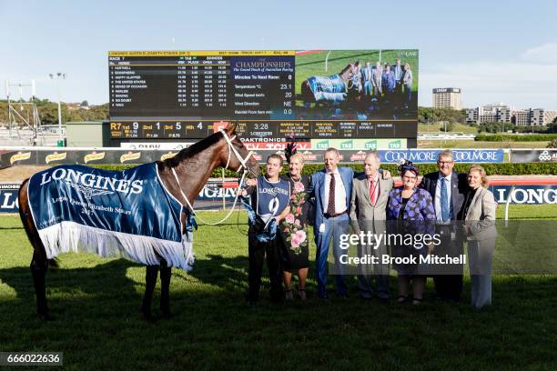 Winx part owner Richard Treweeke along with connectiuons of Winx celebrate after the horse's win in the Queen Elizabeth Stakes at Royal Randwick...