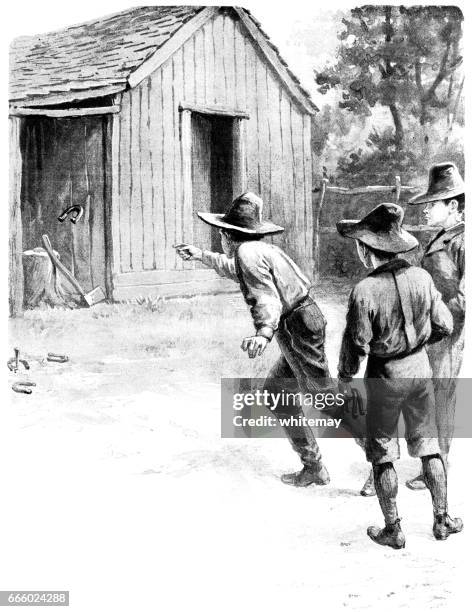 three american boys playing a game of horseshoes - back garden uk stock illustrations
