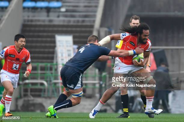 Liaki Moli in action during the SUper Rugby Rd 7 match between Sunwolves v Bulls at Prince Chichibu Memorial Ground on April 8, 2017 in Tokyo, Japan.
