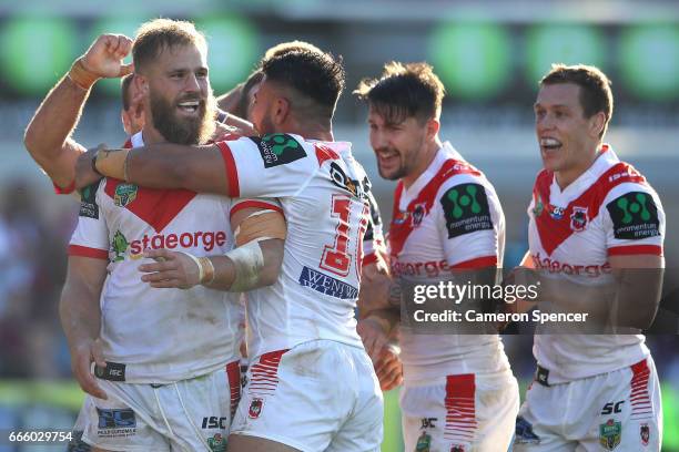 Jack De Belin of the Dragons celebrates scoring a try during the round six NRL match between the Manly Sea Eagles and the St George Illawarra Dragons...