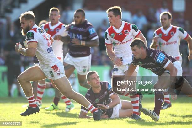 Jack De Belin of the Dragons makes a break during the round six NRL match between the Manly Sea Eagles and the St George Illawarra Dragons at...