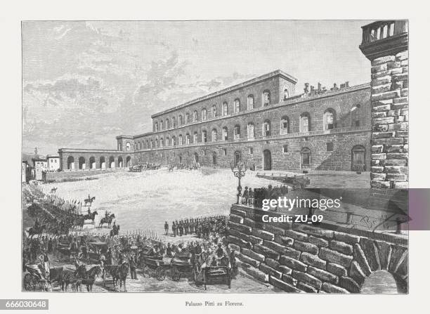 pitti palace, florence, italy, wood engraving, published in 1884 - palazzo pitti stock illustrations