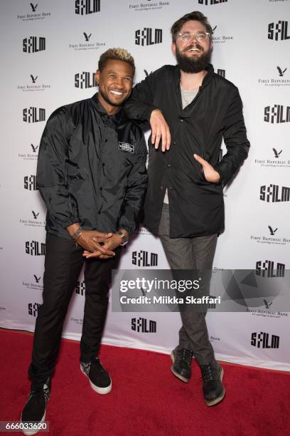 Actor and musician Usher and actor Nick Thune arrive at the premiere of "People you may know" at SFMOMA on April 7, 2017 in San Francisco, California.