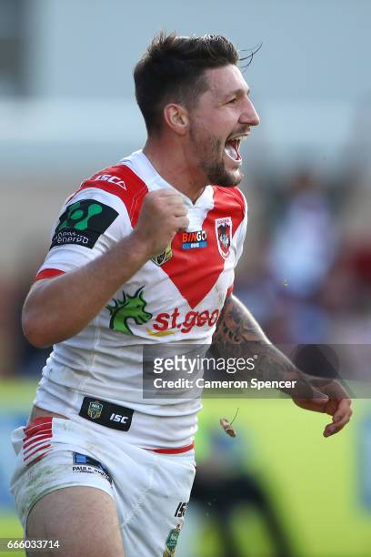 Gareth Widdop of the Dragons celebrates scoring a try during the round six NRL match between the Manly Sea Eagles and the St George Illawarra Dragons...