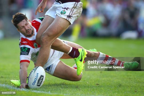 Gareth Widdop of the Dragons scores a try during the round six NRL match between the Manly Sea Eagles and the St George Illawarra Dragons at...