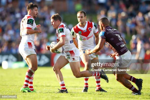 Kurt Mann of the Dragons runs the ball during the round six NRL match between the Manly Sea Eagles and the St George Illawarra Dragons at Lottoland...