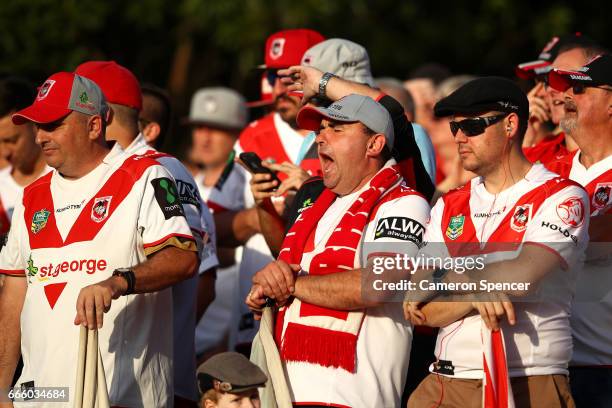 Dragons fans celebrate a try during the round six NRL match between the Manly Sea Eagles and the St George Illawarra Dragons at Lottoland on April 8,...