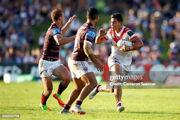 Timoteo Lafai of the Dragons runs the ball during the round six NRL match between the Manly Sea Eagles and the St George Illawarra Dragons at...